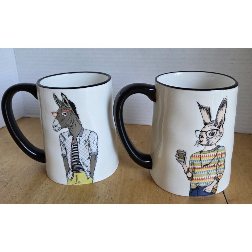 Signature Housewares Whimsical Set of 2 Stoneware Mugs Hipster Bunny and Donkey